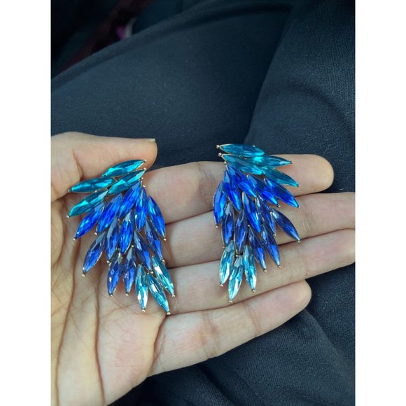 Large Blue earring stud wing crystal Rhinestone Crystal aqua teal oversized - Picture 4 of 7